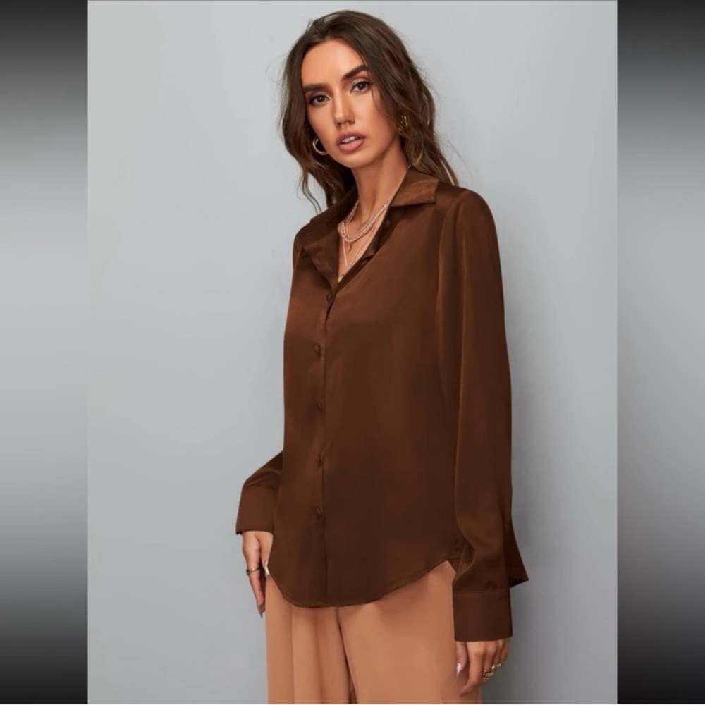 SHEIN Clasi Satin Solid Button Up Shirt,Long Sleeve Tops. Brown. Emery rose.